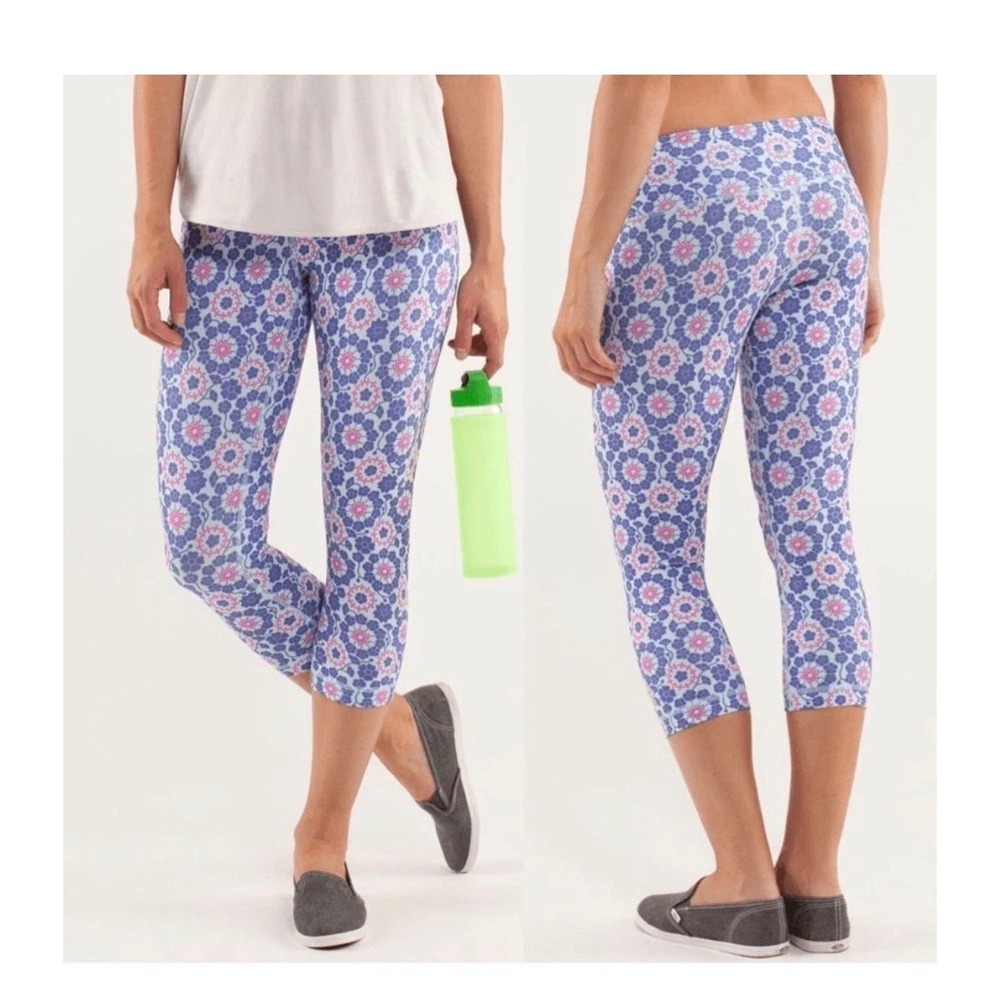 Lululemon Wunder Under Crop Luon Floral Yoga Leggings Blue Pink Sz 6 Aquamarine